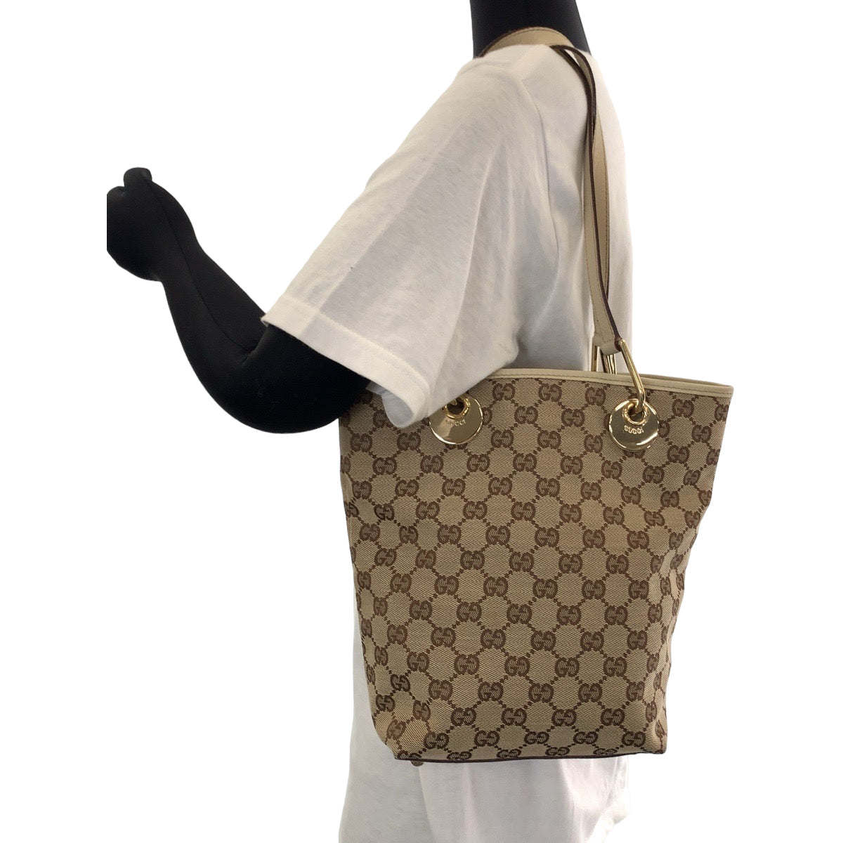 GUCCI Tote Bag GG canvas Beige Brown Gold Metal Tote Bag handbag Women Used
