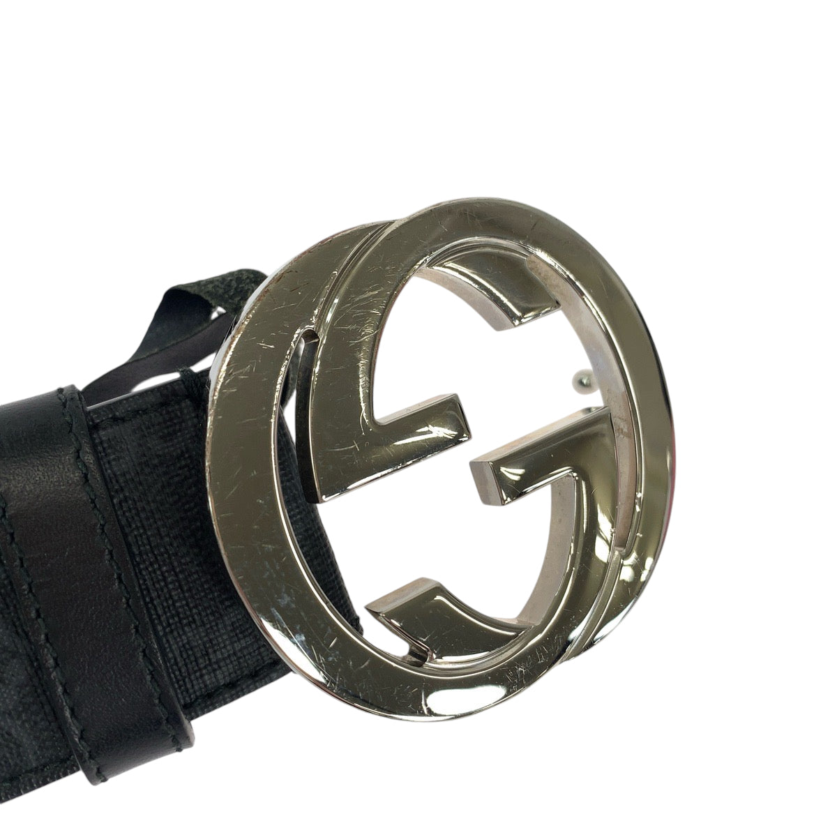 GUCCI belt 490199 GG Supreme Canvas Black SilverMetal Belt buckle Interlocking mens 42 Used
