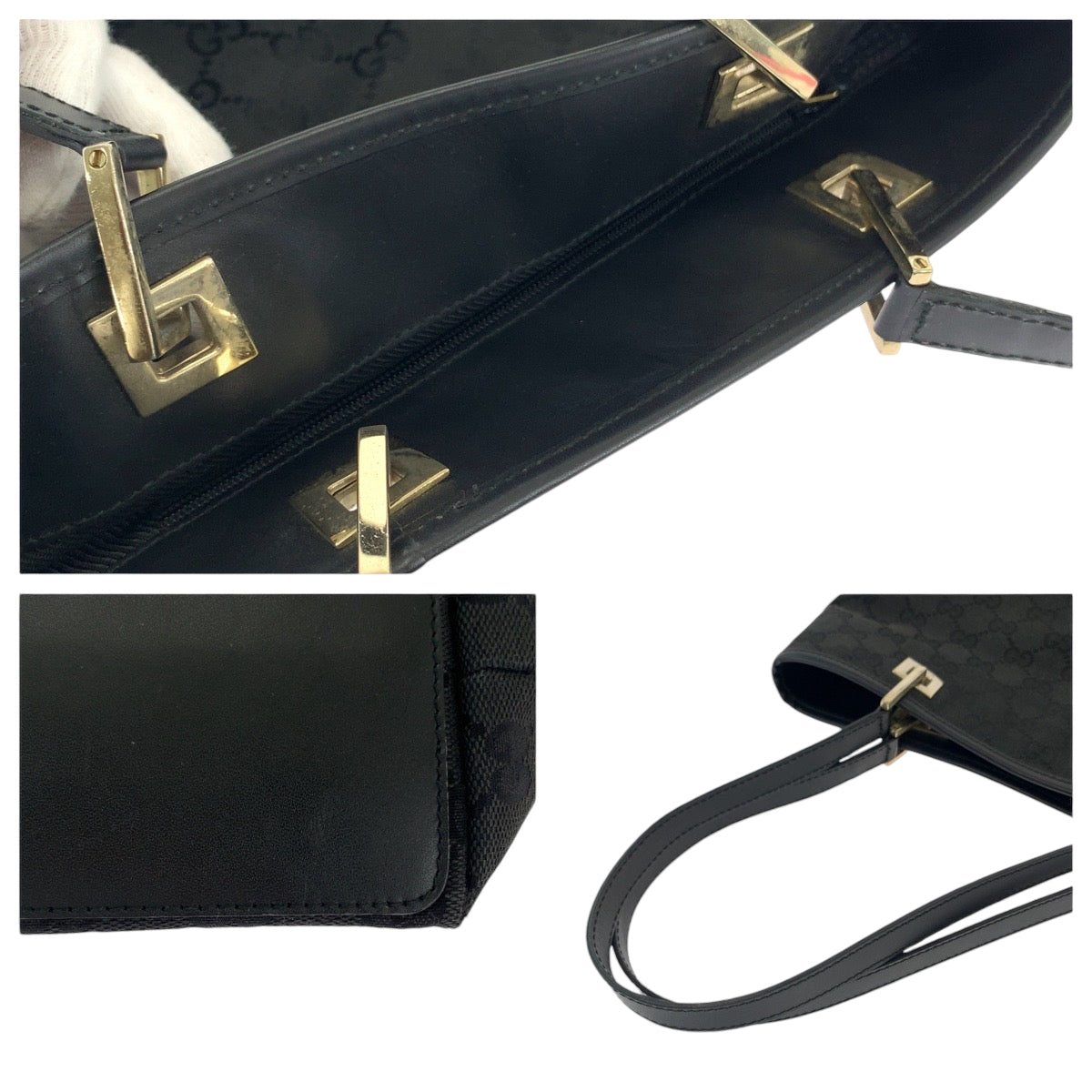 GUCCI Tote Bag 002 1099 GG canvas Black Gold Metal Tote Bag Shoulder Bag Women Used