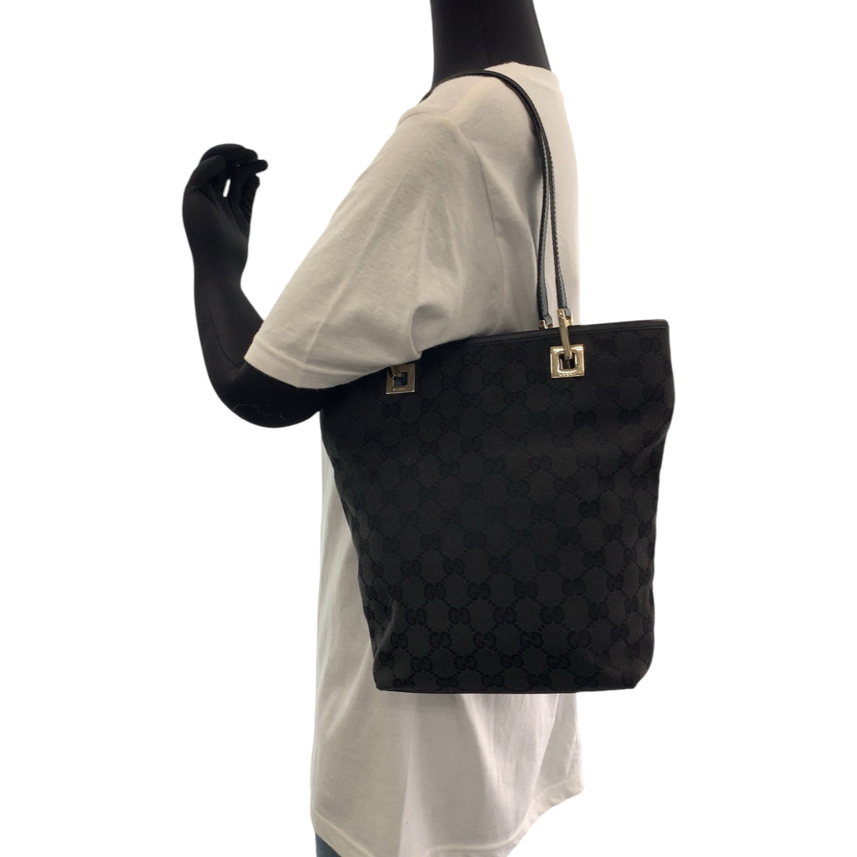 GUCCI Tote Bag 002 1099 GG canvas Black Gold Metal Tote Bag Shoulder Bag Women Used