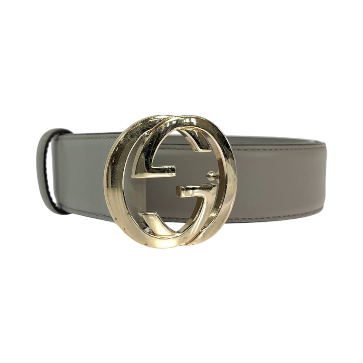 GUCCI belt 546386 leather Greige Gold Metal belt Interlocking mens 32 Used