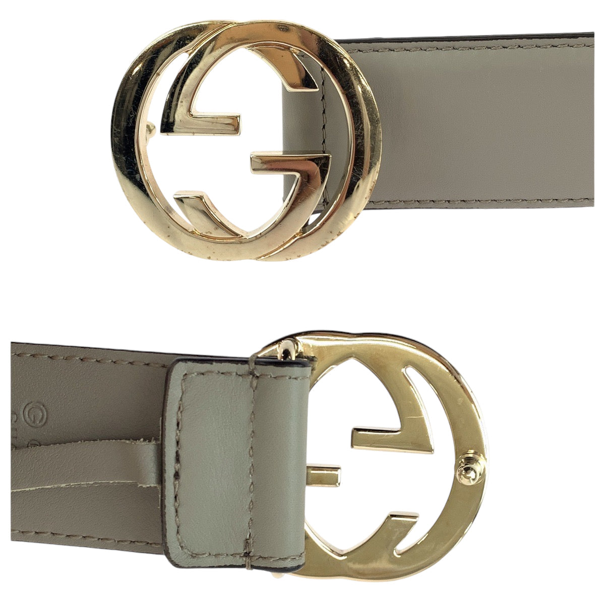 GUCCI belt 546386 leather Greige Gold Metal belt Interlocking mens 32 Used