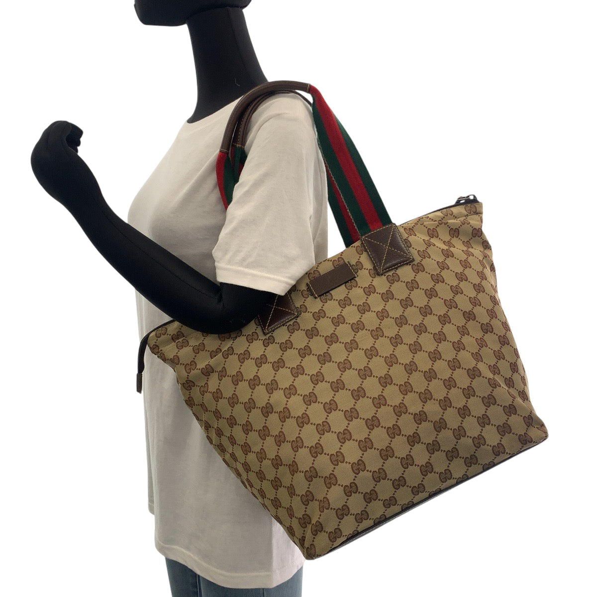 GUCCI Tote Bag 131231 GG canvas Brown Red Green Soft Tote Bag Handbag Shoulder Bag Sherry line Women Used