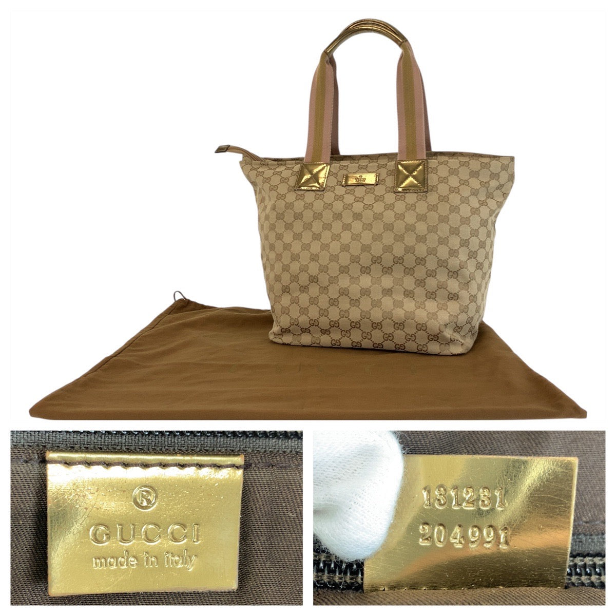 GUCCI Tote Bag 131231 GG canvas Beige Gold GoldMetal Tote Bag Shoulder Bag Women Used