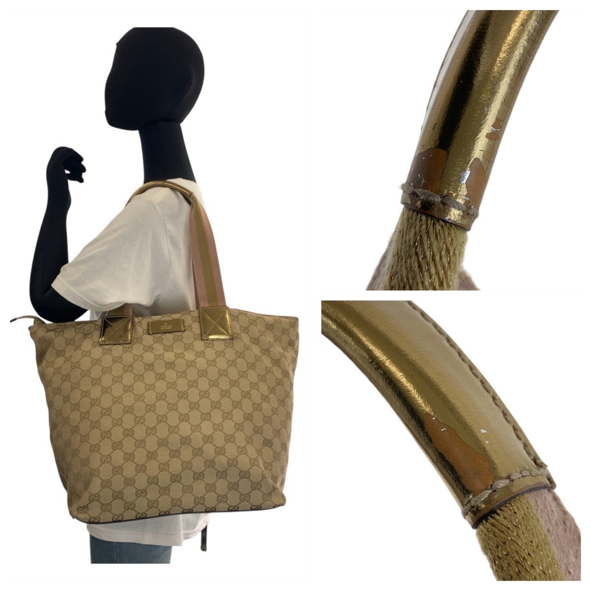 GUCCI Tote Bag 131231 GG canvas Beige Gold GoldMetal Tote Bag Shoulder Bag Women Used