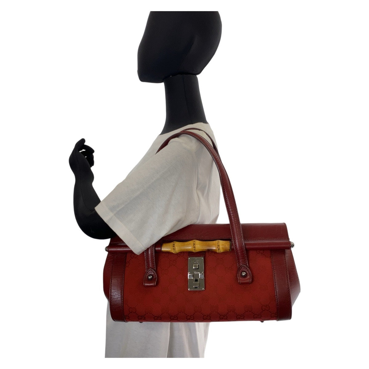 GUCCI Shoulder Bag 111713 GG canvas, leather Red Silver Metal Shoulder Bag Bamboo Women Used
