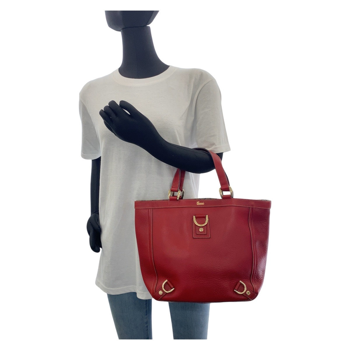 GUCCI Tote Bag 130739 Leather, GG canvas Red Gold Metal Tote Bag handbag Abbey Women Used