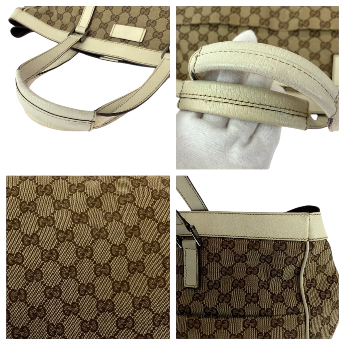 GUCCI Tote Bag 153213 GG canvas Beige White SilverMetal Tote Bag Shoulder Bag Women Used