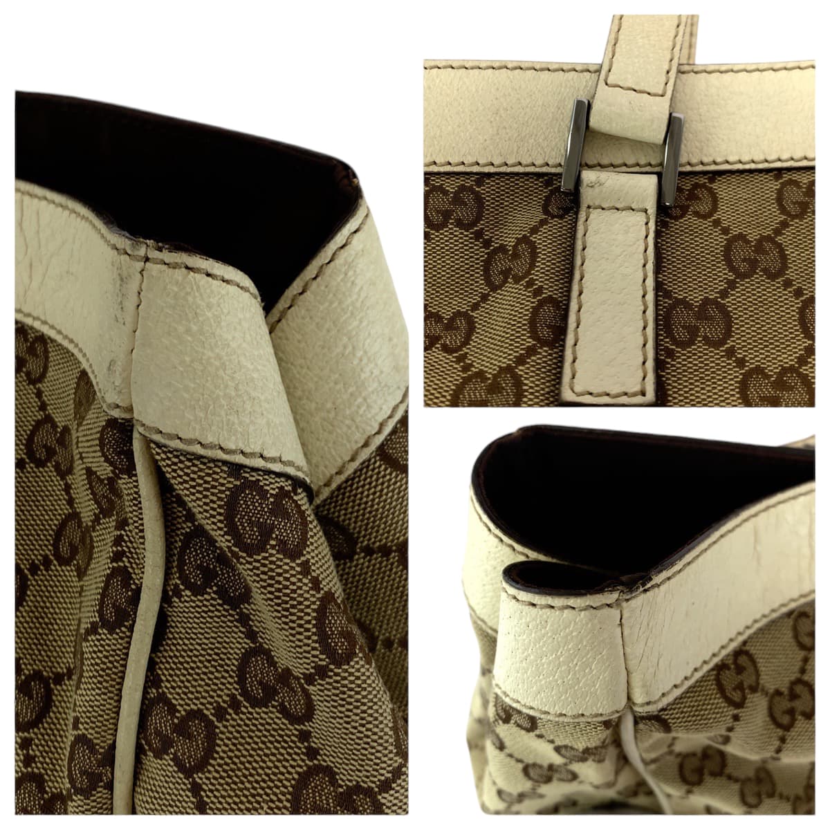 GUCCI Tote Bag 153213 GG canvas Beige White SilverMetal Tote Bag Shoulder Bag Women Used