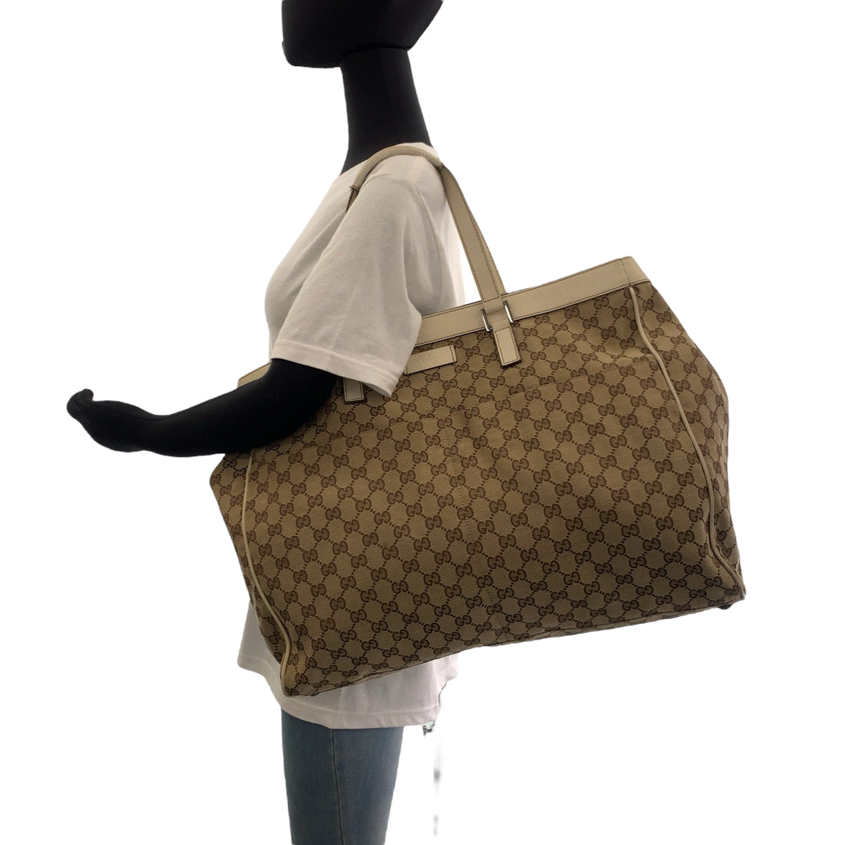 GUCCI Tote Bag 153213 GG canvas Beige White SilverMetal Tote Bag Shoulder Bag Women Used