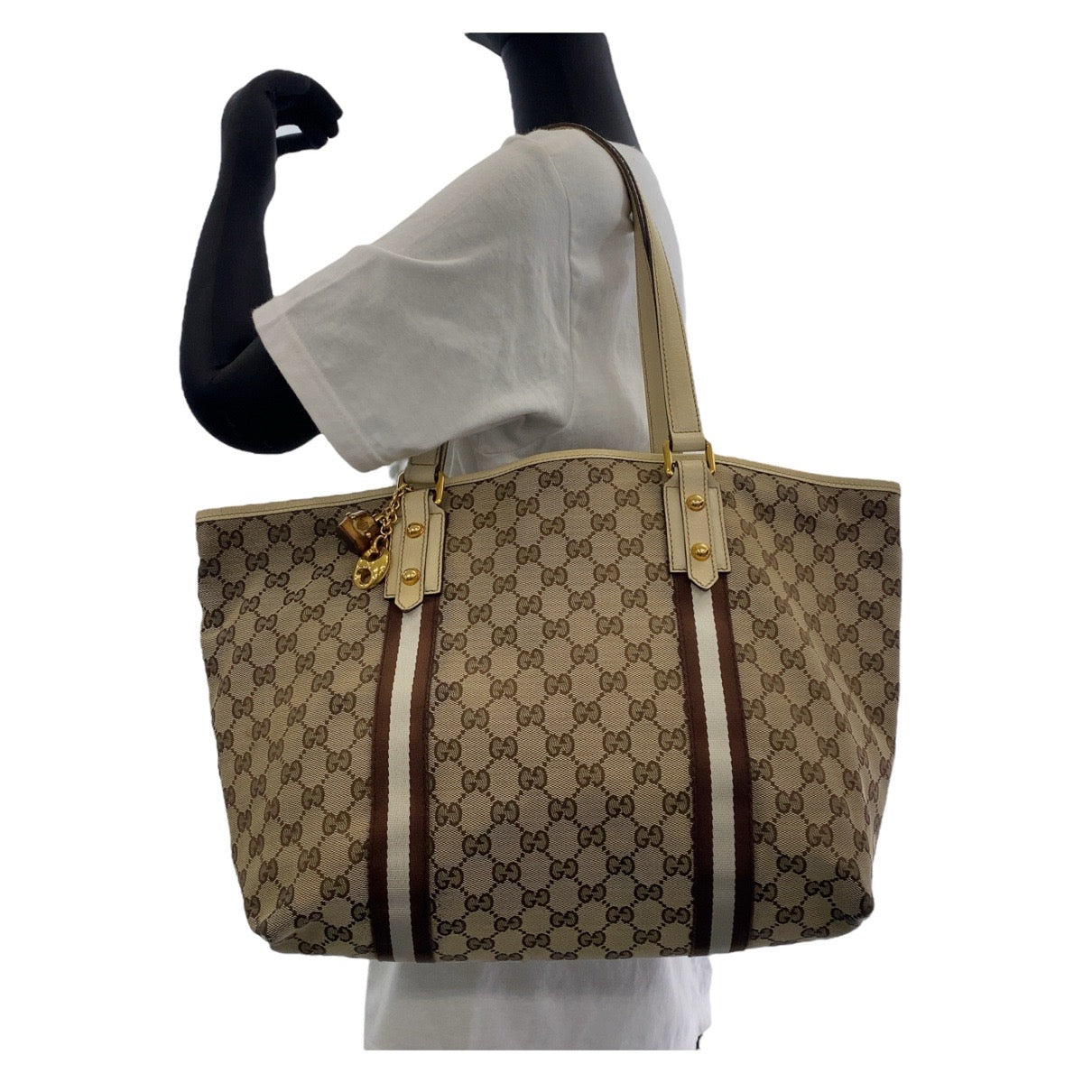 GUCCI Tote Bag GG canvas, leather Brown Gold Metal Tote Bag Shoulder Bag Shelly Line Bamboo Women Used
