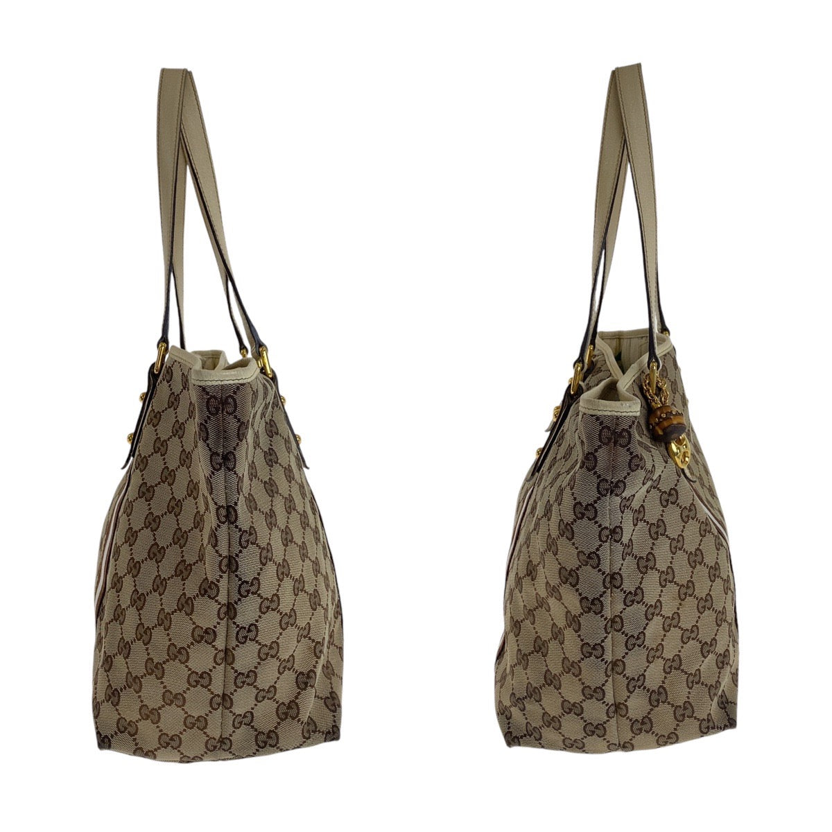 GUCCI Tote Bag GG canvas, leather Brown Gold Metal Tote Bag Shoulder Bag Shelly Line Bamboo Women Used