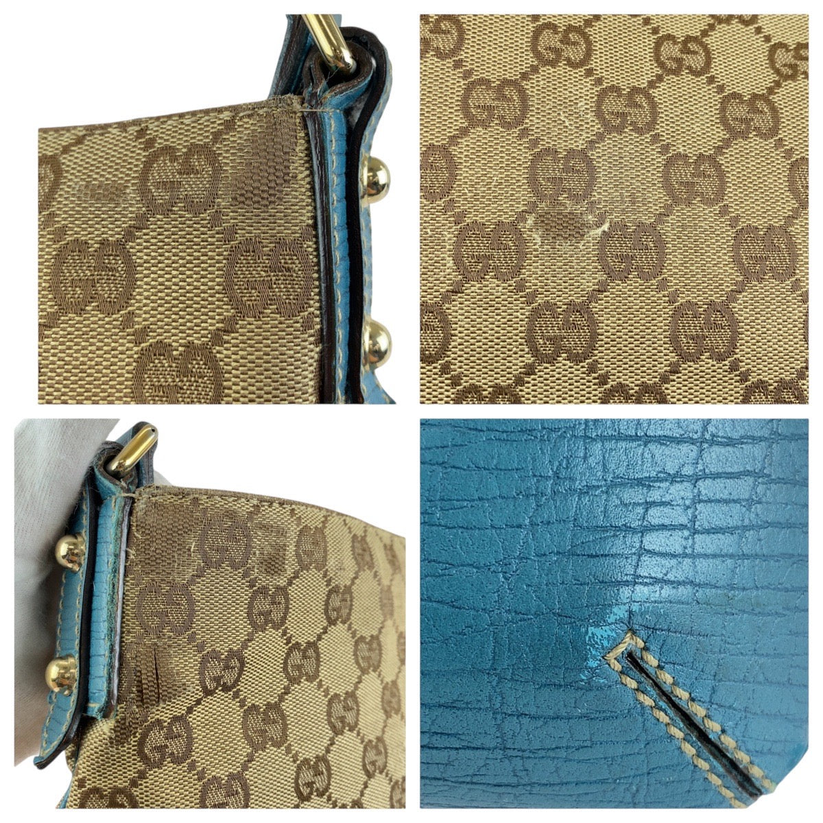 GUCCI Shoulder Bag GG canvas, leather Light Blue Beige Gold Metal Shoulder Bag pochette Sherry line horsebit Women Used