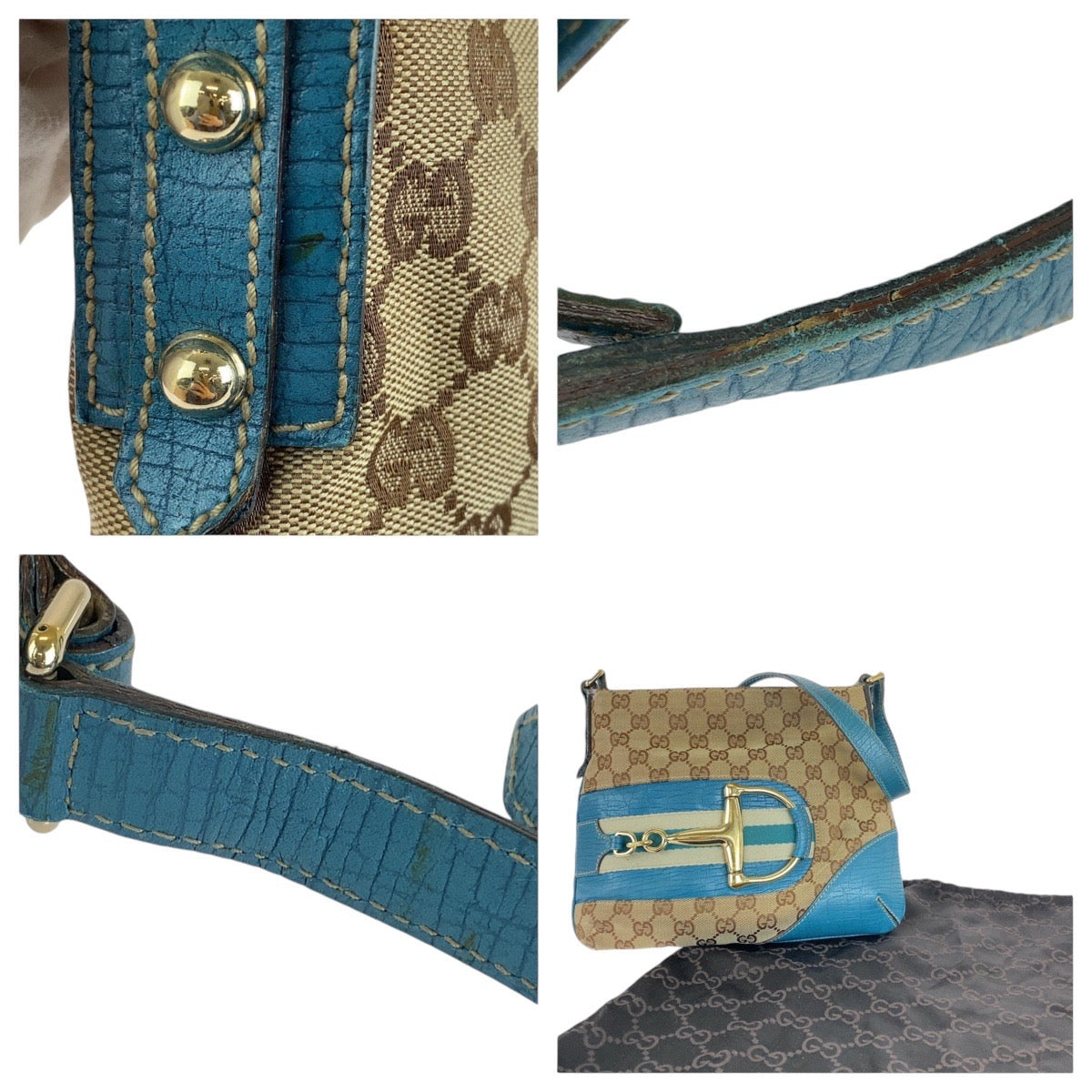 GUCCI Shoulder Bag GG canvas, leather Light Blue Beige Gold Metal Shoulder Bag pochette Sherry line horsebit Women Used