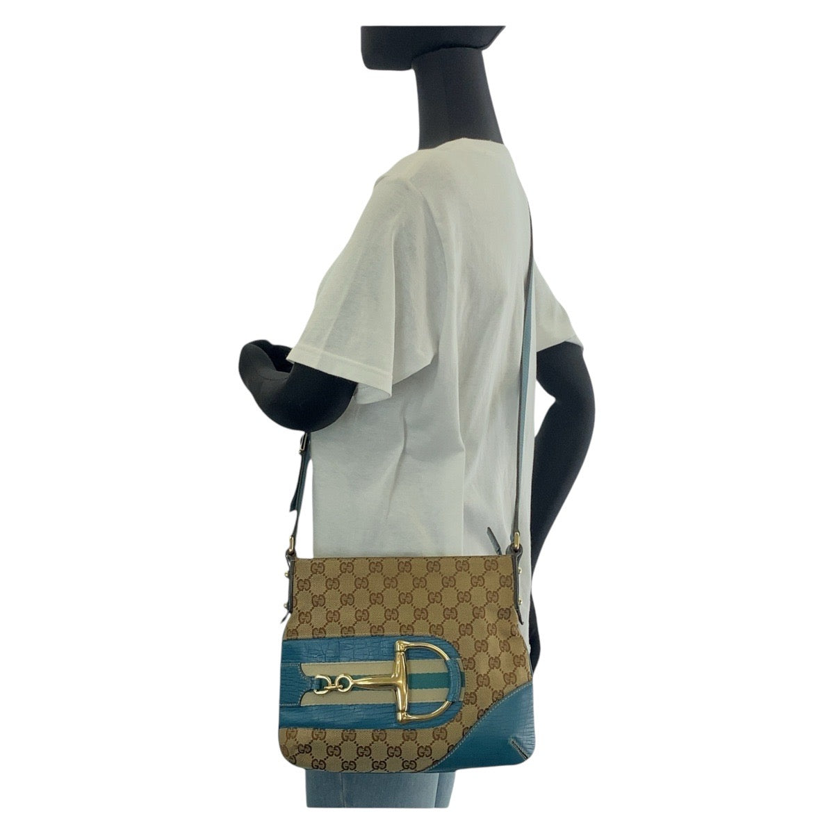 GUCCI Shoulder Bag GG canvas, leather Light Blue Beige Gold Metal Shoulder Bag pochette Sherry line horsebit Women Used