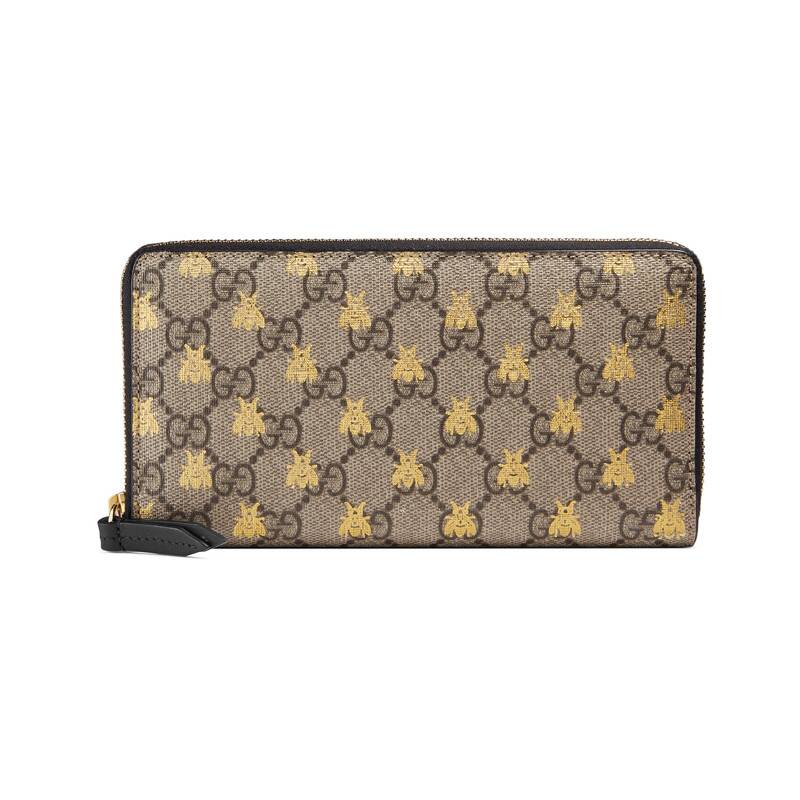 Gucci GG Supreme Bees Zip Around Wallet in Beige