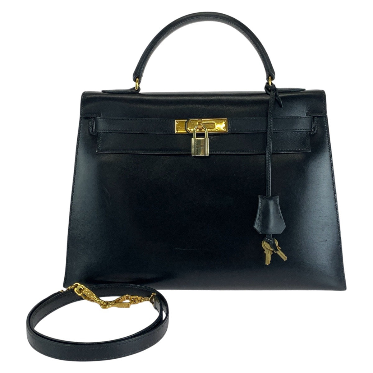 HERMES Handbag Box scarf Black Gold Metal Handbag Shoulder Bag 2way Kelly 32 outside sewing Women Used