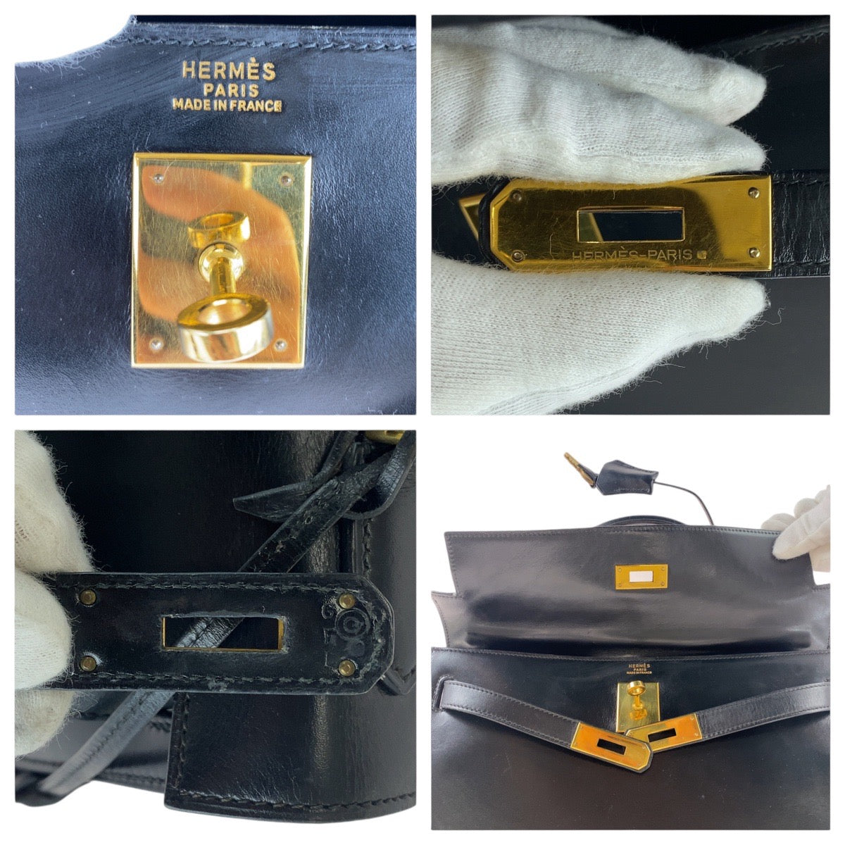 HERMES Handbag Box scarf Black Gold Metal Handbag Shoulder Bag 2way Kelly 32 outside sewing Women Used
