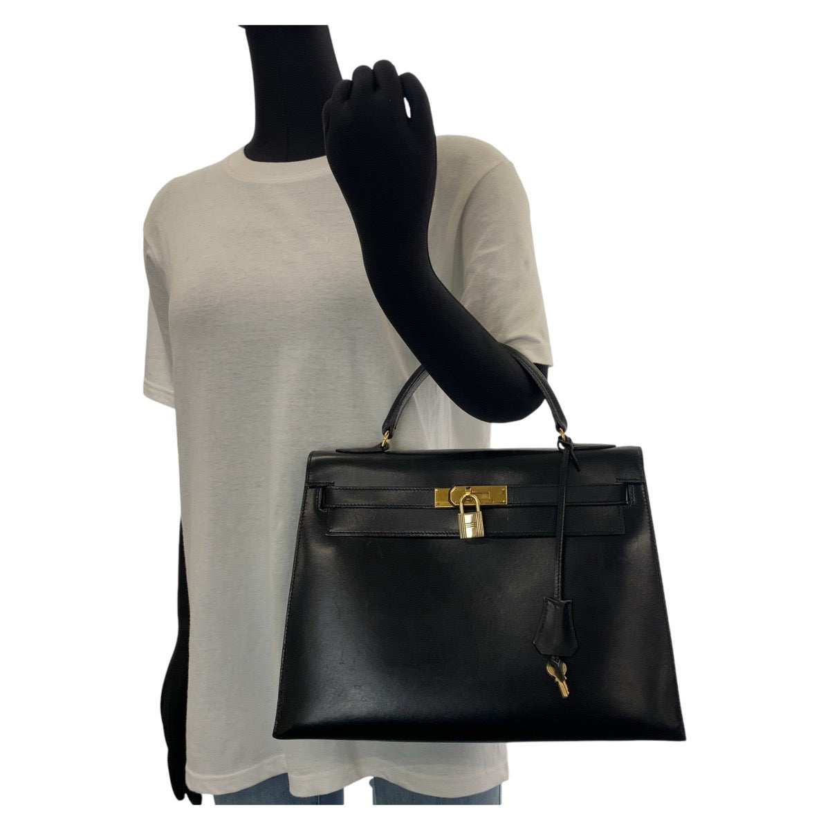 HERMES Handbag Box scarf Black Gold Metal Handbag Shoulder Bag 2way Kelly 32 outside sewing Women Used