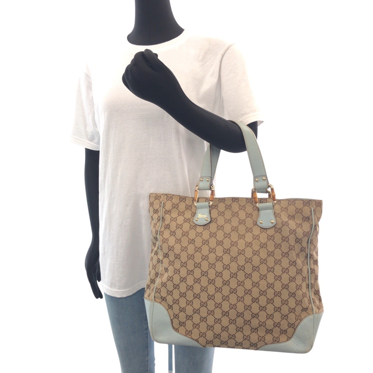 GUCCI Tote Bag 154375 GG canvas, leather Beige light blue Tote Bag handbag Women Used