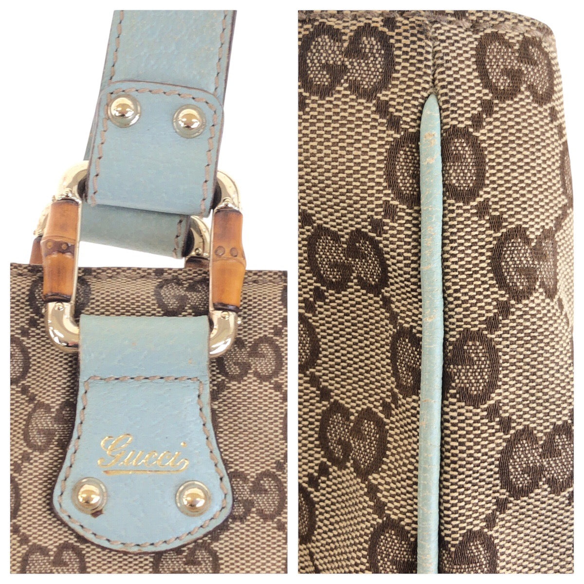 GUCCI Tote Bag 154375 GG canvas, leather Beige light blue Tote Bag handbag Women Used
