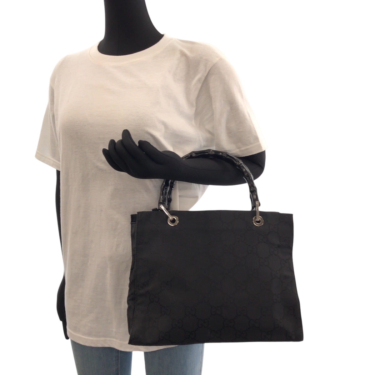 GUCCI Tote Bag 002 1015 GG canvas Black Silver Metal Tote Bag handbag Bamboo Women Used