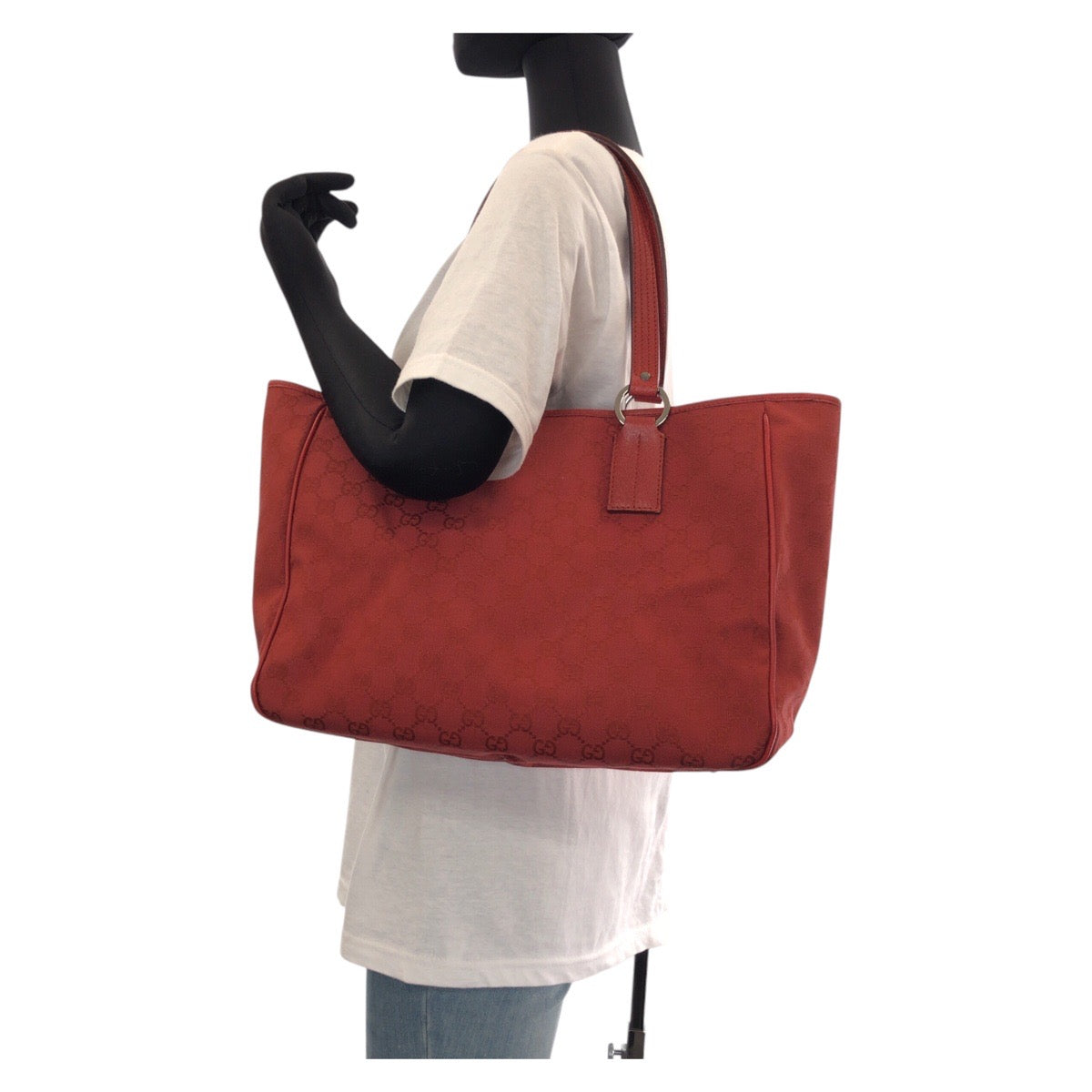 GUCCI Tote Bag 113017 GG canvas, leather Red Silver Metal Tote Bag Shoulder Bag Women Used