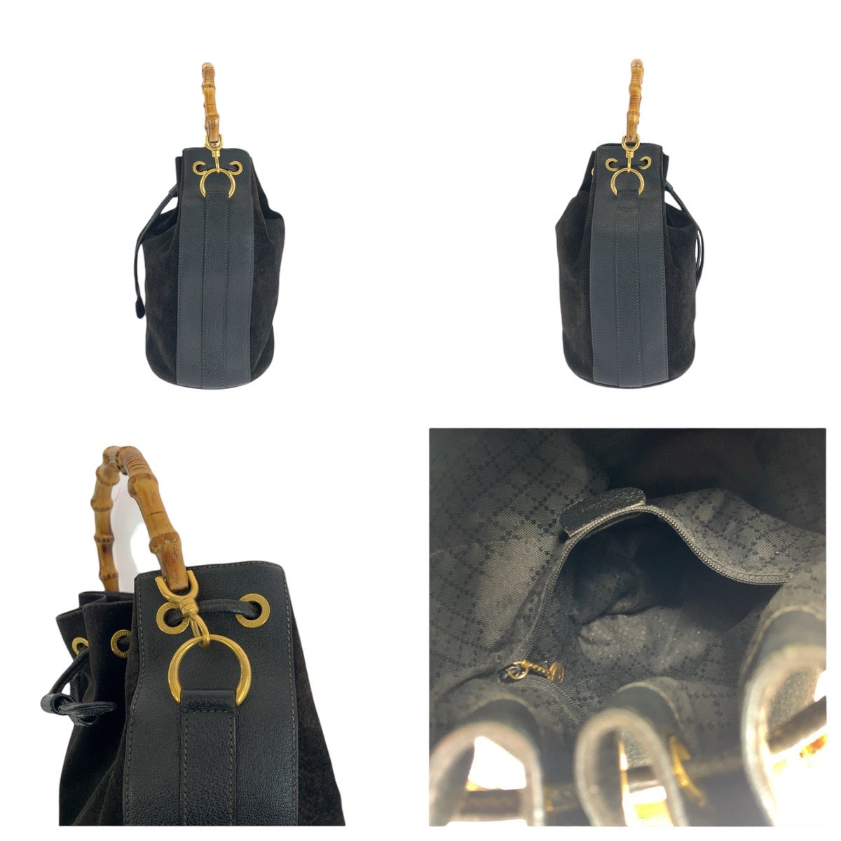 GUCCI Handbag 001 2040 1657 Suede, Leather Black Gold Metal Bamboo Women Used