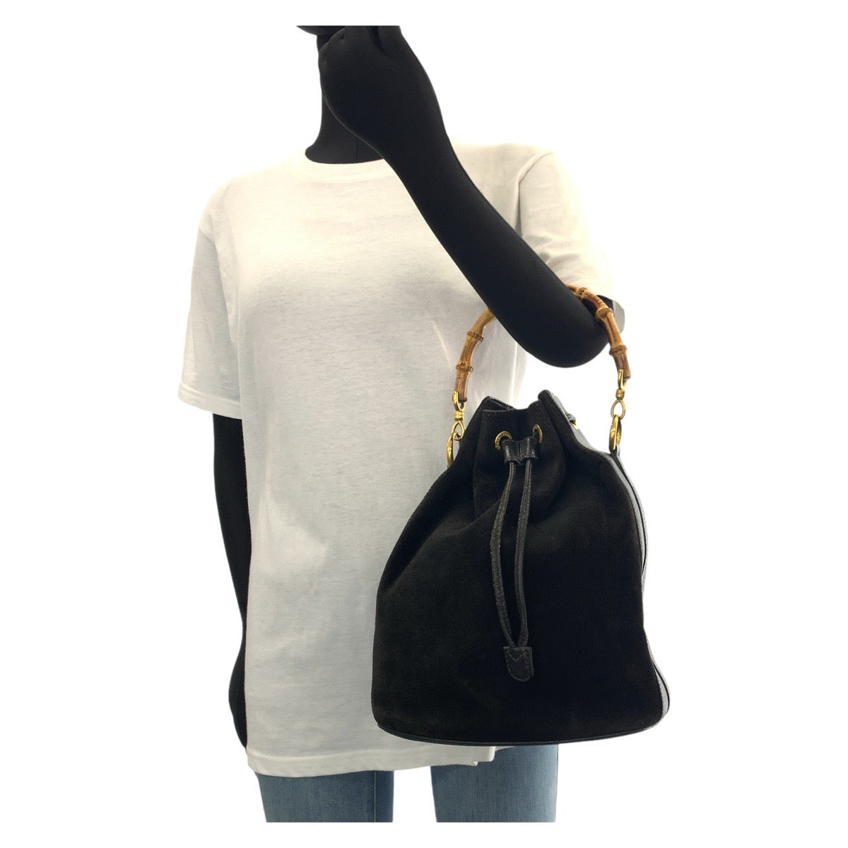 GUCCI Handbag 001 2040 1657 Suede, Leather Black Gold Metal Bamboo Women Used