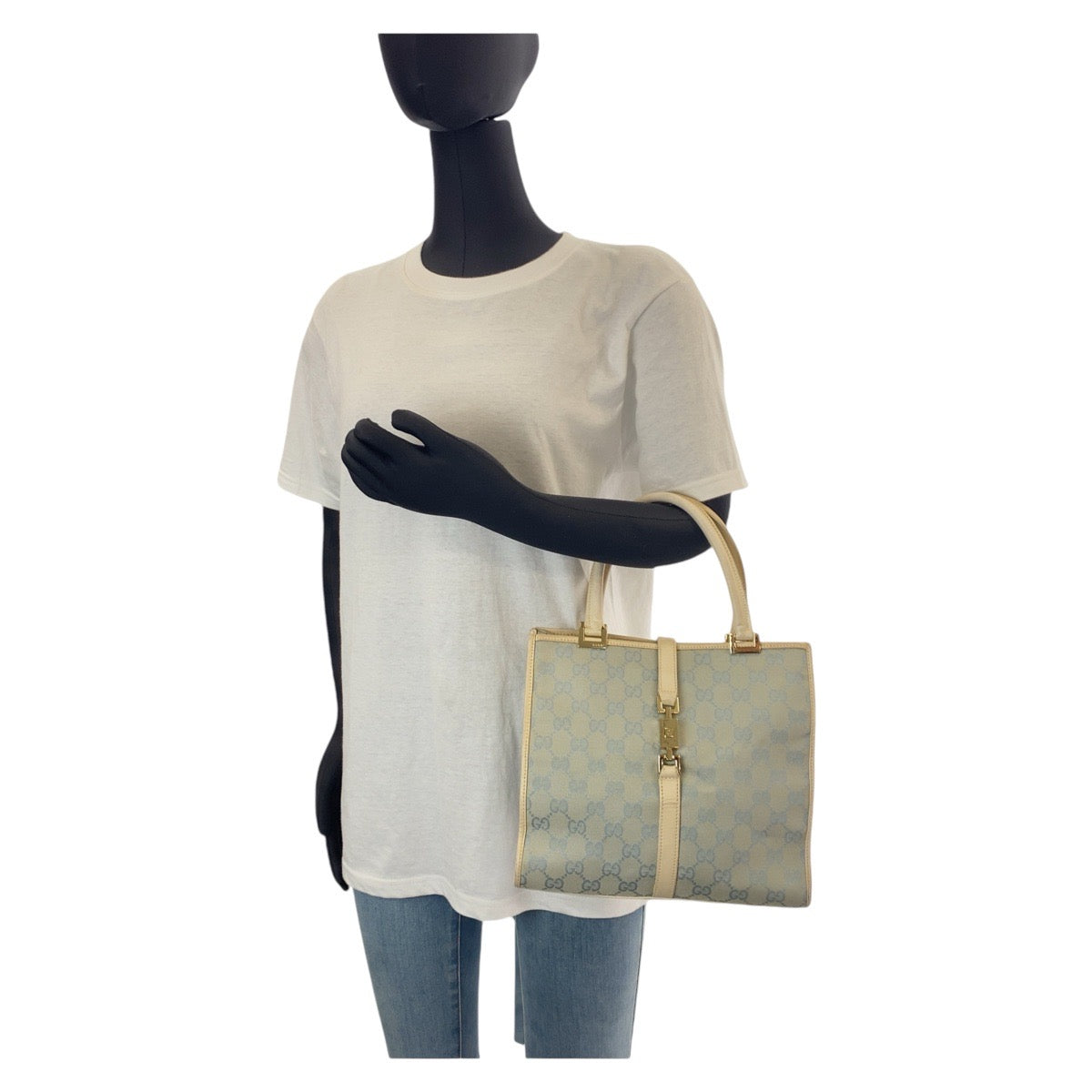 GUCCI Tote Bag GG canvas, leather Light Blue Gold Metal Tote Bag handbag Jackie line Women Used