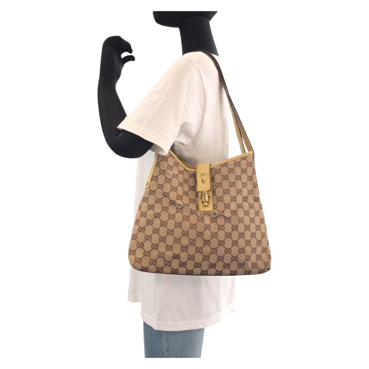 GUCCI Shoulder Bag 110291 GG canvas, leather Yellow Beige Gold Metal Jackie Women Used