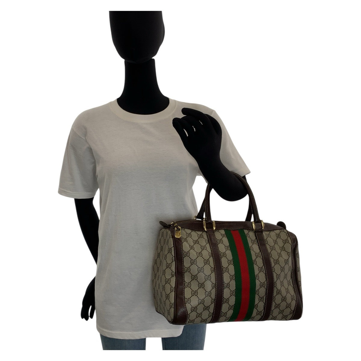 GUCCI Handbag GG Supreme canvas, leather Brown Beige Gold Metal Handbag Boston Duffel bag Sherry line Women Used