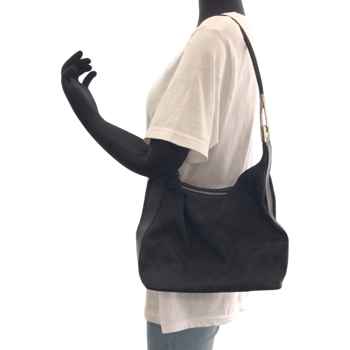 GUCCI Shoulder Bag 001 3814 GG canvas Black SilverMetal Hobo Shoulder Bag Women Used