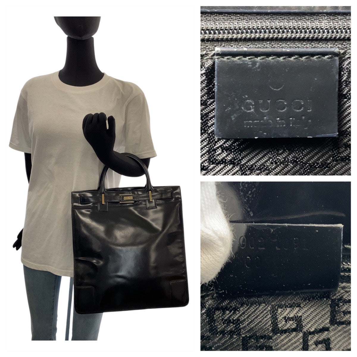 GUCCI Tote Bag 002 1091 leather Black Gold Metal Tote Bag Women Used