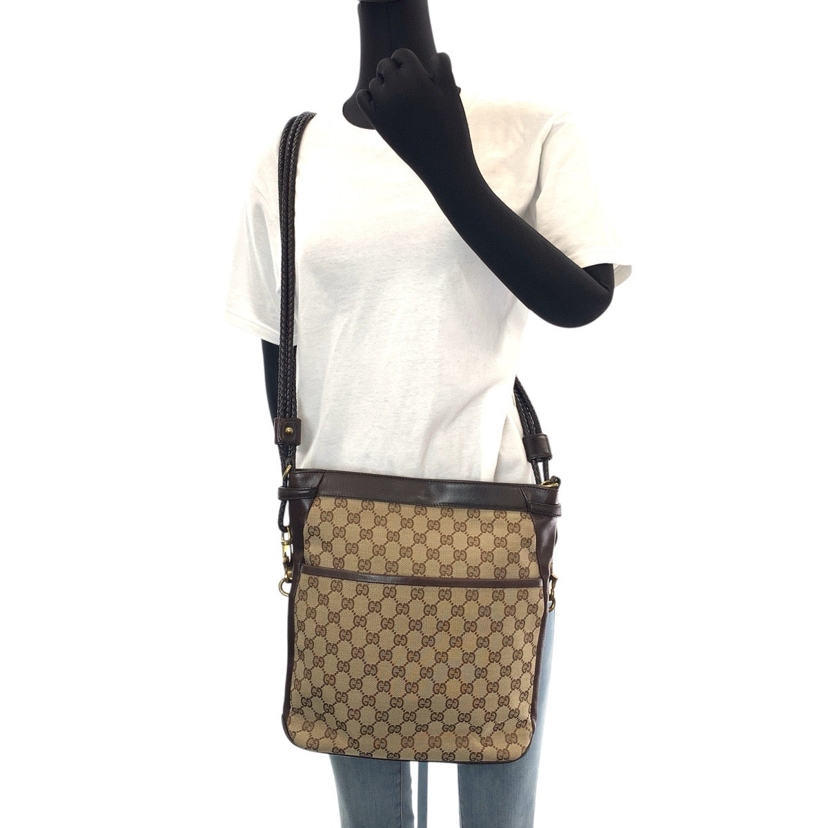 GUCCI Shoulder Bag 109097 GG canvas, leather Brown Gold Metal Shoulder Bag pochette Women Used
