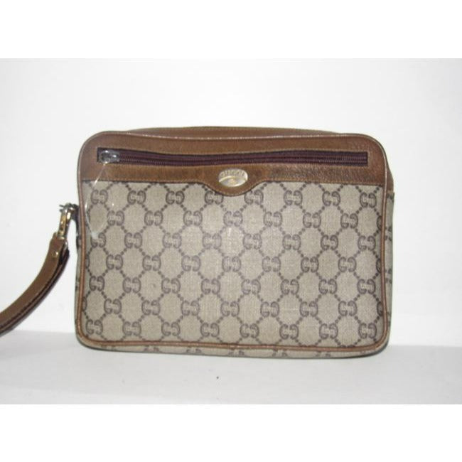 Gucci Webby Vintage Purses Brown Coated Canvas With Plus Design And Brown Leather Clutch