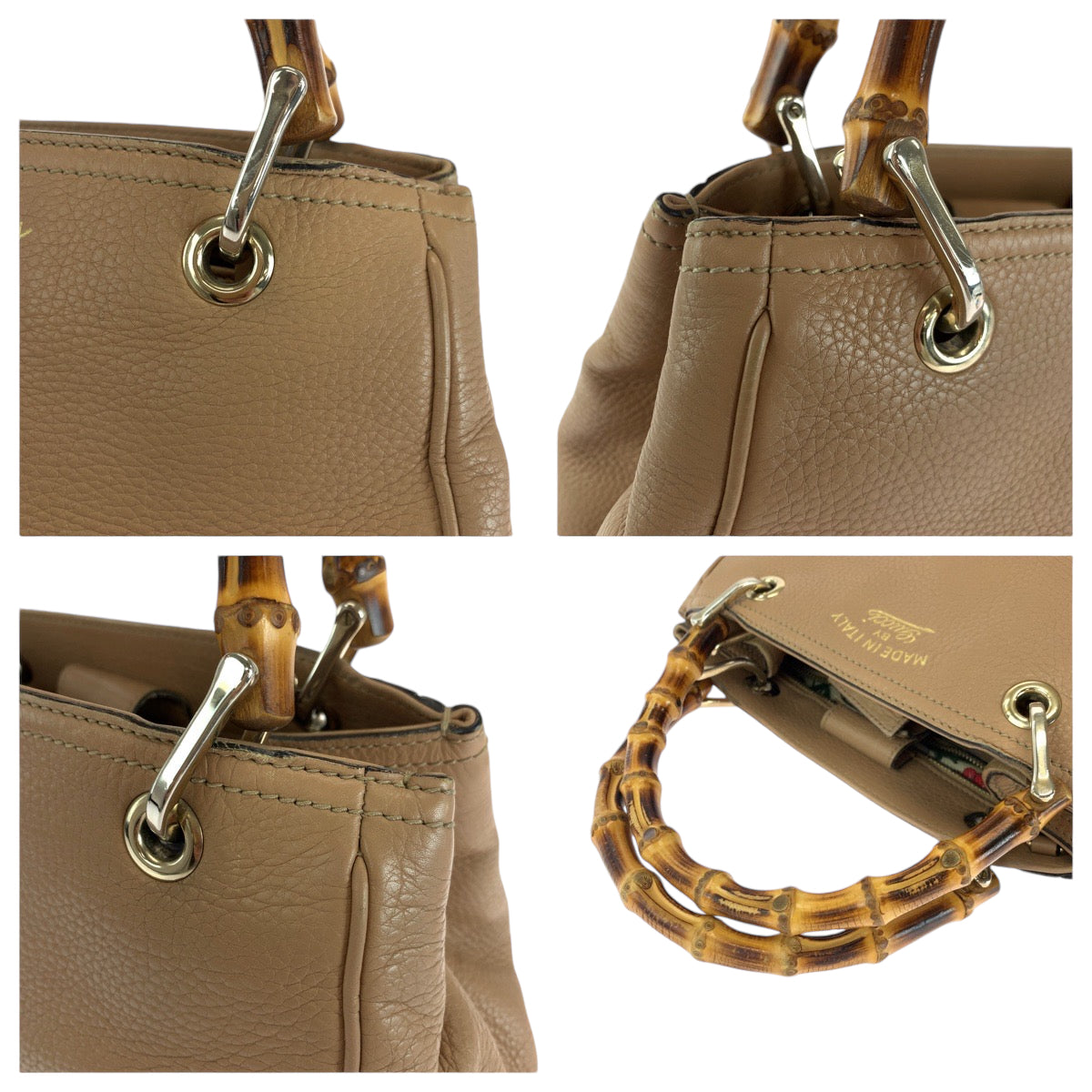 GUCCI Handbag 236032 leather Beige Brown Gold Metal Handbag Bamboo Women Used