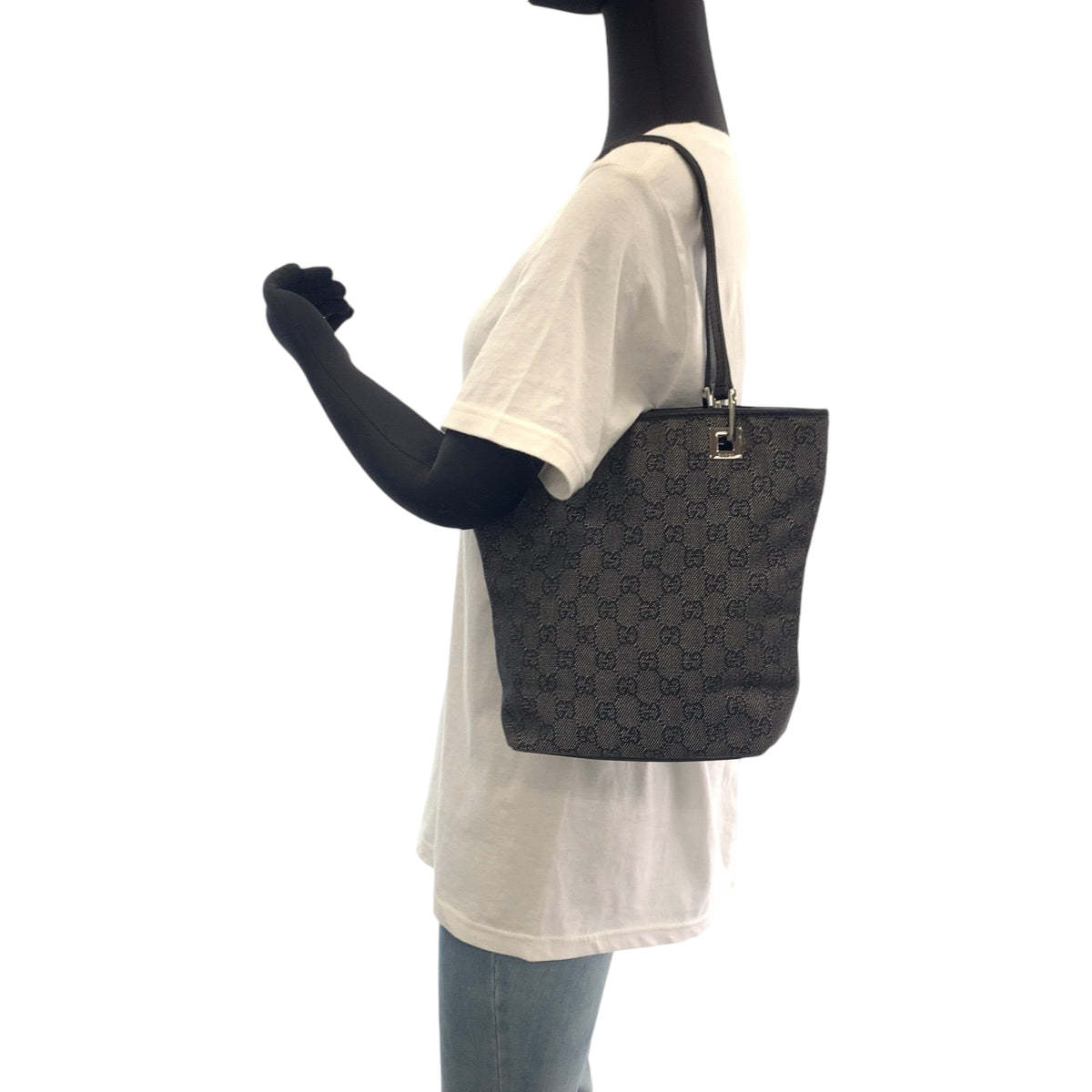 GUCCI Tote Bag 31244 GG canvas Black SilverMetal Tote Bag handbag Women Used