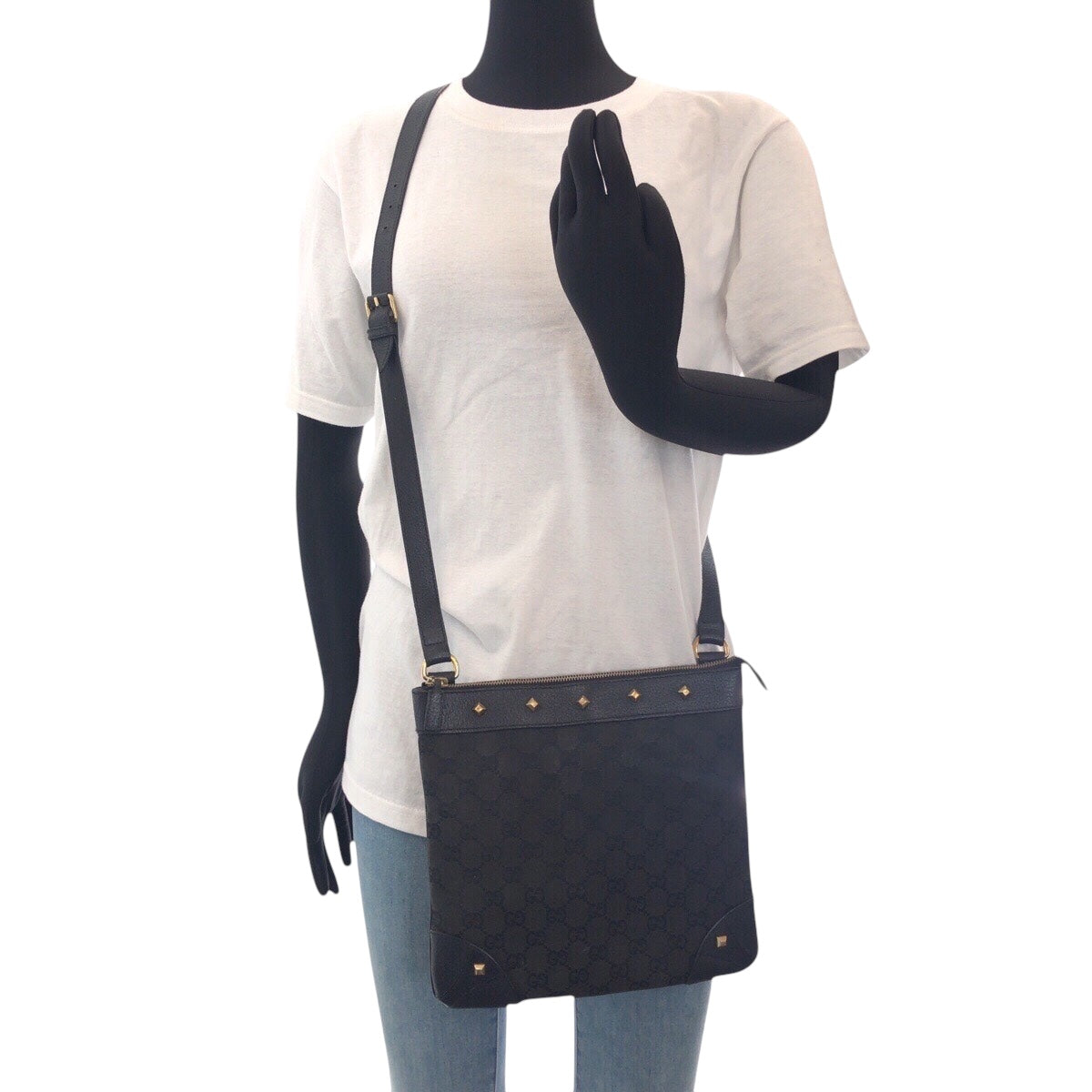 GUCCI Shoulder Bag 120893 GG canvas, leather Black GoldMetal Crossbody Shoulder Bag with studs Women Used