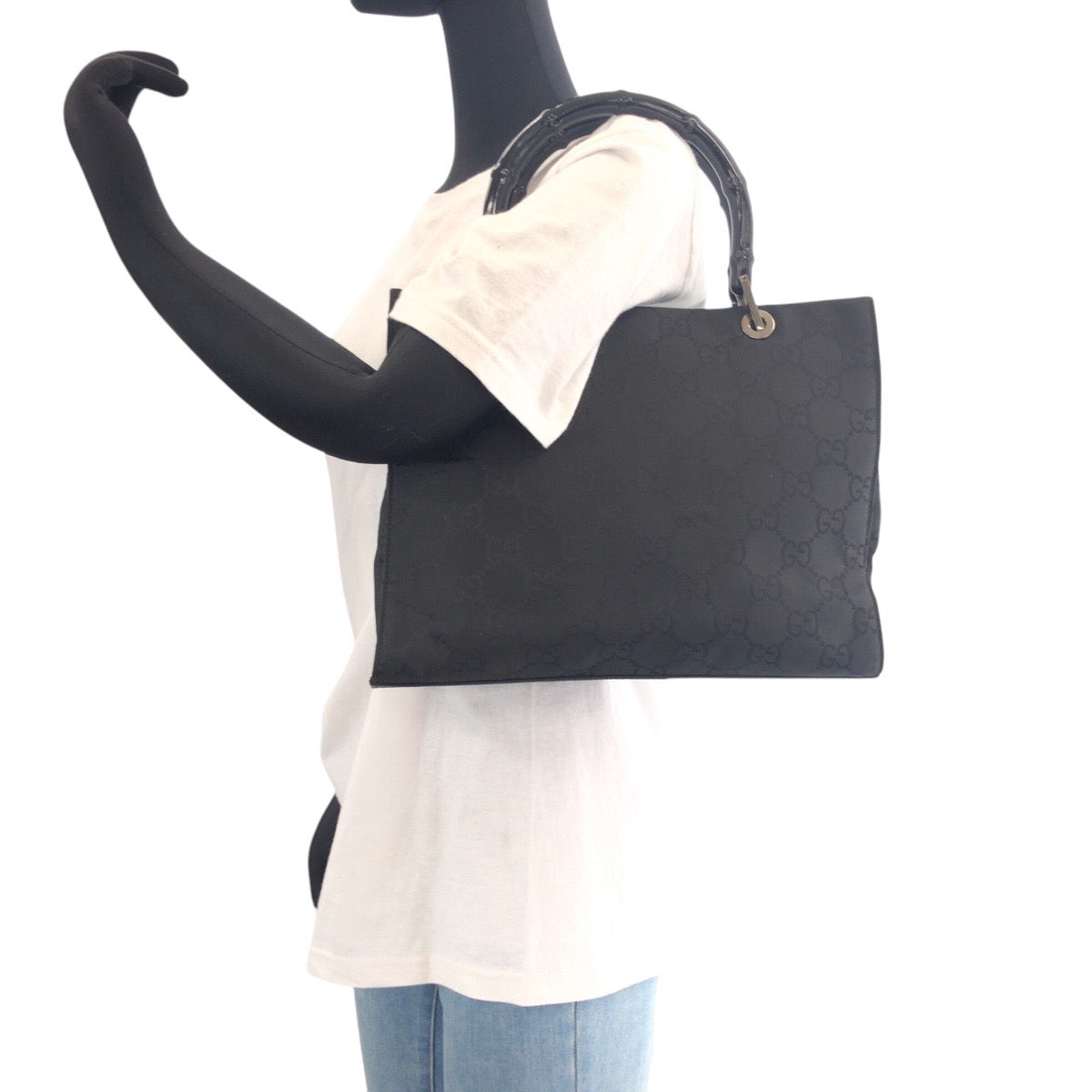 GUCCI Tote Bag 002 1016 GG canvas Black SilverMetal Tote Bag Shoulder Bag Bamboo Women Used