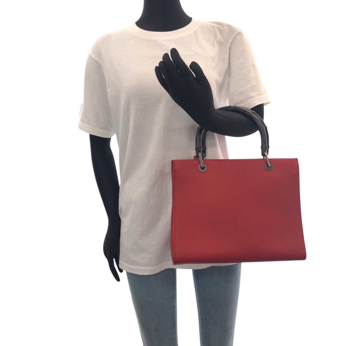 GUCCI Tote Bag 012 1016 leather Red black Tote Bag Shoulder Bag 2WAY Bamboo Women Used