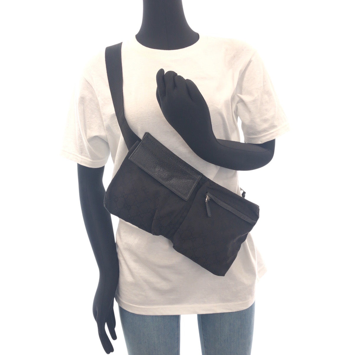 GUCCI Sling bag 28566 GG canvas, leather Black SilverMetal Sling bag, waist pouch, bum bag mens Used