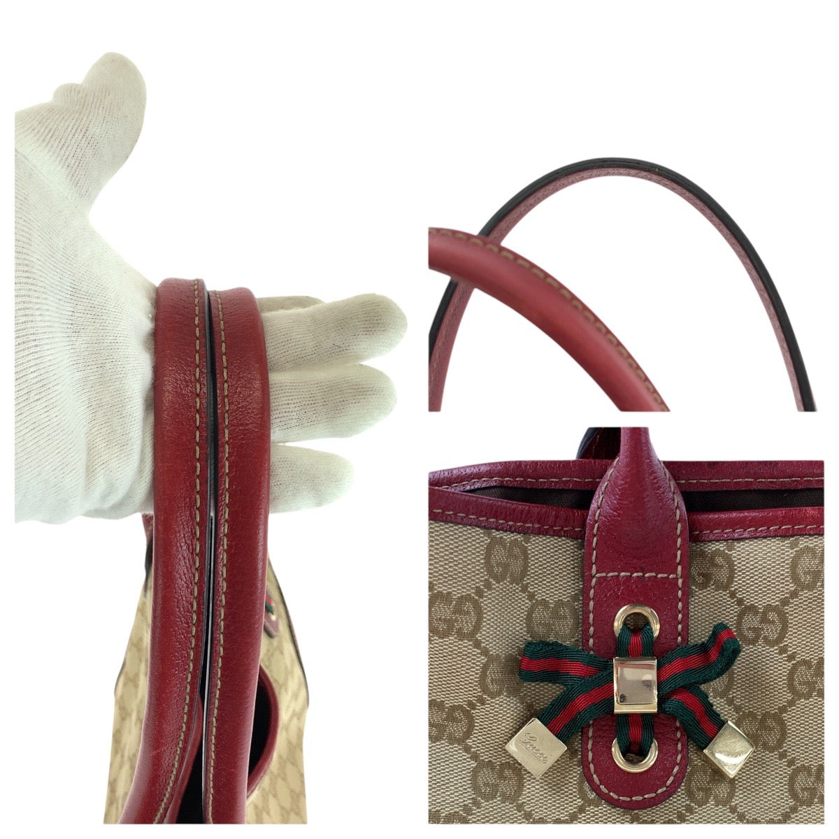 GUCCI Tote Bag 163805 GG canvas, leather Beige Red Gold Metal Tote Bag Shoulder Bag Sherry Line Princess Women Used