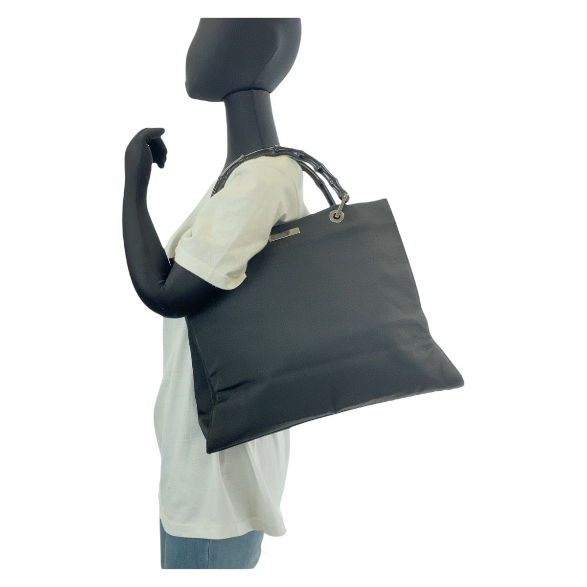 GUCCI Tote Bag 002 1010 Nylon, Bamboo Black SilverMetal Tote Bag Shoulder Bag Bamboo Women Used