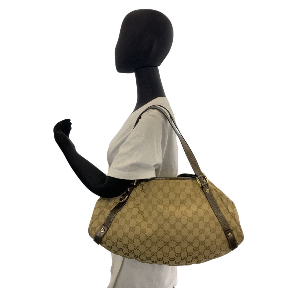 GUCCI Tote Bag 130736 GG canvas, leather Beige Gold Metal Tote Bag Shoulder Bag Abbey Women Used