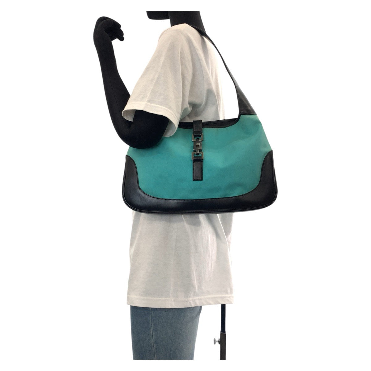 GUCCI Shoulder Bag 001 3306 Canvas, Leather Mint Green Black SilverMetal Jackie Hobo Women Used