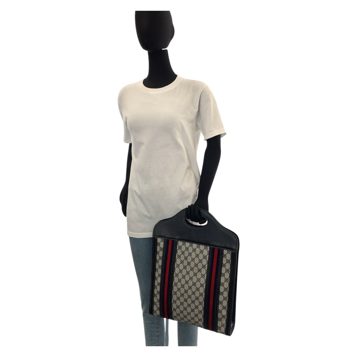 GUCCI Tote Bag GG Supreme canvas, leather Navy gray Tote Bag Sherry line Women Used