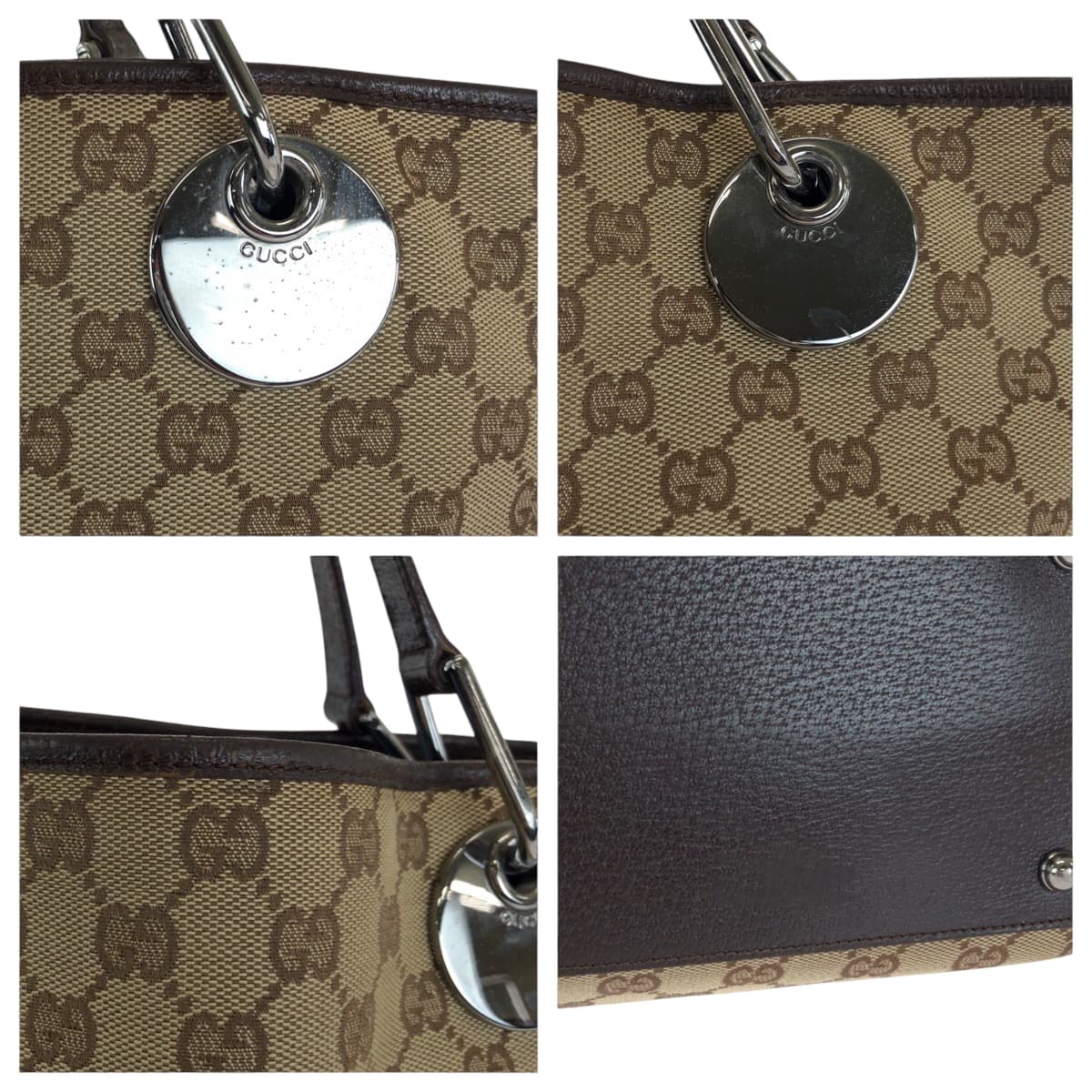 GUCCI Tote Bag 120836 GG canvas Beige Brown SilverMetal Tote Bag Shoulder Bag Women Used