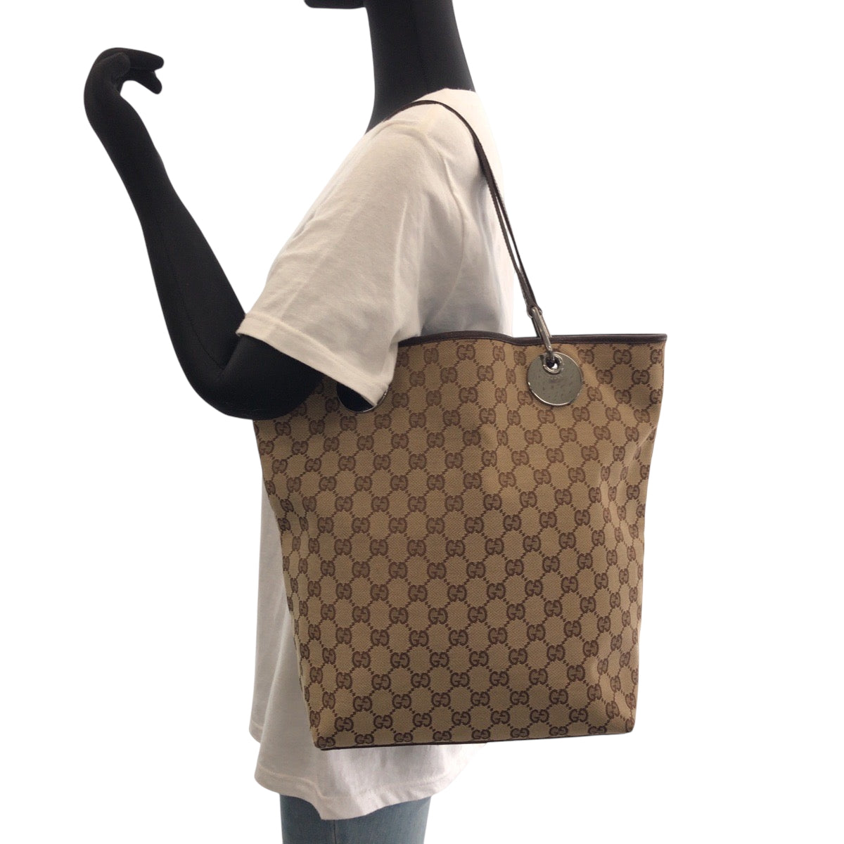 GUCCI Tote Bag 120836 GG canvas Beige Brown SilverMetal Tote Bag Shoulder Bag Women Used