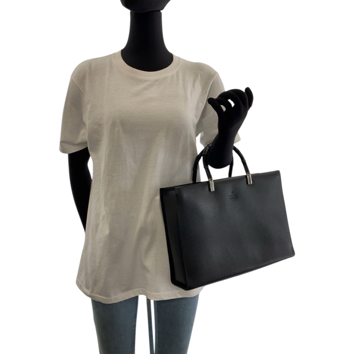 GUCCI Tote Bag 002 1034 leather Black SilverMetal Tote Bag Handbag Shoulder Bag 2way Bamboo Women Used
